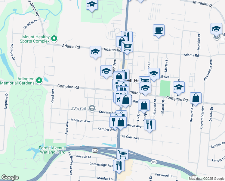 map of restaurants, bars, coffee shops, grocery stores, and more near 7516 Harrison Avenue in Mount Healthy
