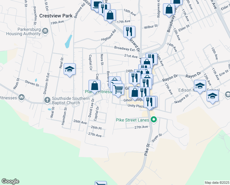 map of restaurants, bars, coffee shops, grocery stores, and more near 100 Gihon Village in Parkersburg