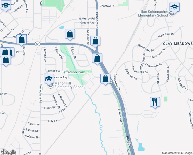 map of restaurants, bars, coffee shops, grocery stores, and more near 1280 Missouri Court in Liberty