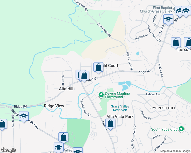 map of restaurants, bars, coffee shops, grocery stores, and more near 10727 Banner View Drive in Grass Valley