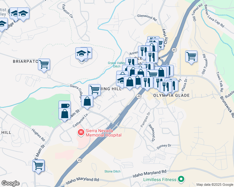 map of restaurants, bars, coffee shops, grocery stores, and more near 127 Highlands Court in Grass Valley
