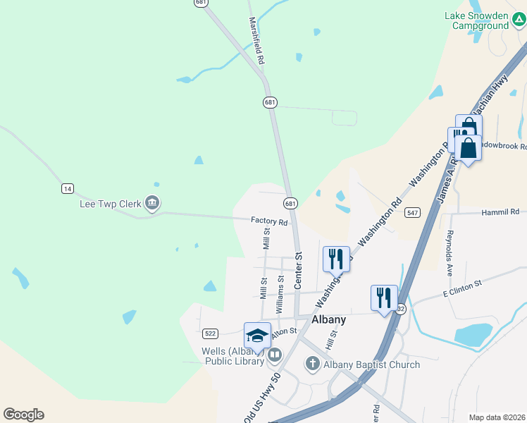map of restaurants, bars, coffee shops, grocery stores, and more near 5120 Factory Road in Albany