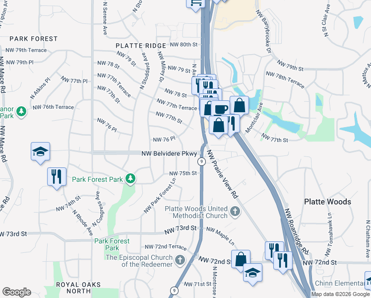 map of restaurants, bars, coffee shops, grocery stores, and more near 7603 North Avalon Street in Kansas City