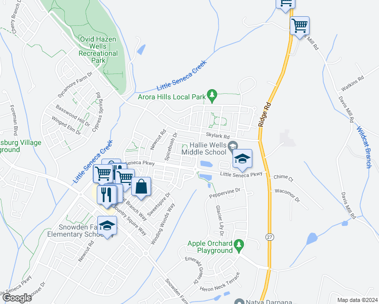 map of restaurants, bars, coffee shops, grocery stores, and more near 23007 Heath Aster Way in Germantown