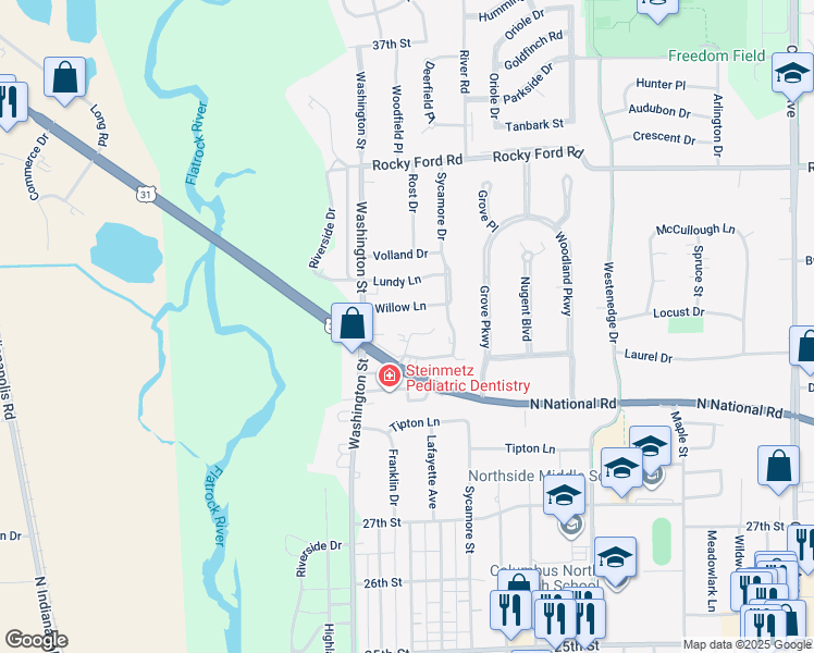 map of restaurants, bars, coffee shops, grocery stores, and more near 3200 Sycamore Court in Columbus