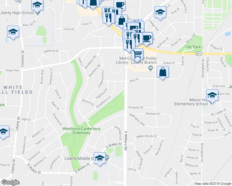 map of restaurants, bars, coffee shops, grocery stores, and more near 1021 Broadmore Lane in Liberty