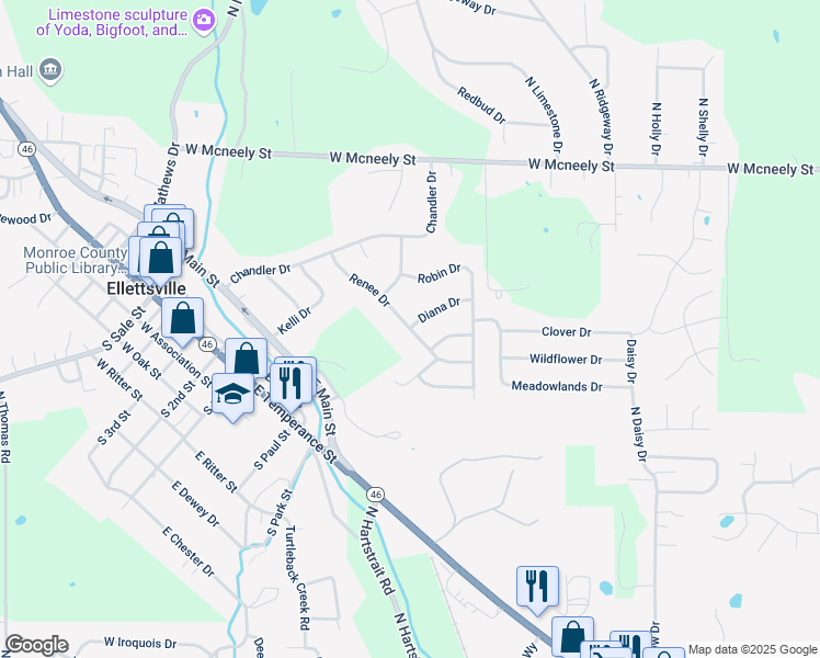 map of restaurants, bars, coffee shops, grocery stores, and more near 399 Brittany Way in Ellettsville