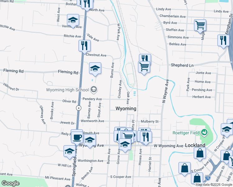 map of restaurants, bars, coffee shops, grocery stores, and more near 406 Pendery Avenue in Cincinnati