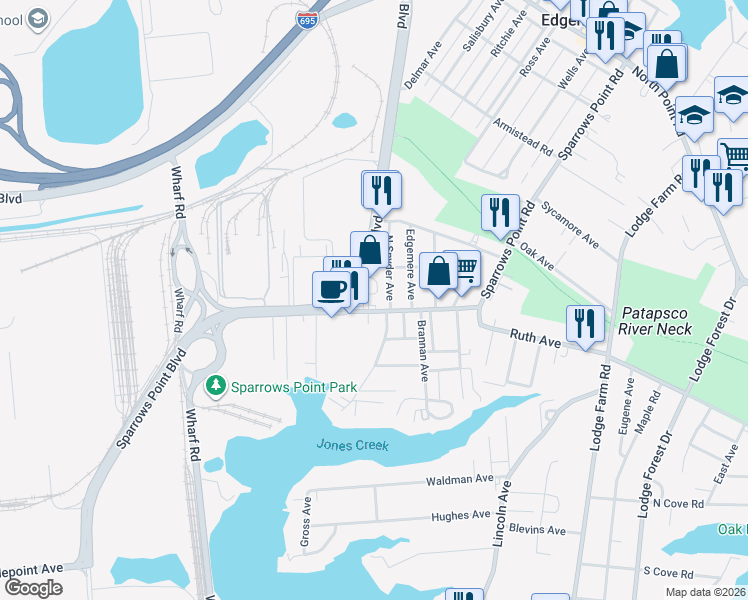 map of restaurants, bars, coffee shops, grocery stores, and more near 2388 Sparrows Point Rd in Edgemere
