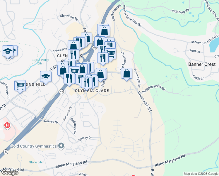 map of restaurants, bars, coffee shops, grocery stores, and more near 563 Brunswick Road in Grass Valley