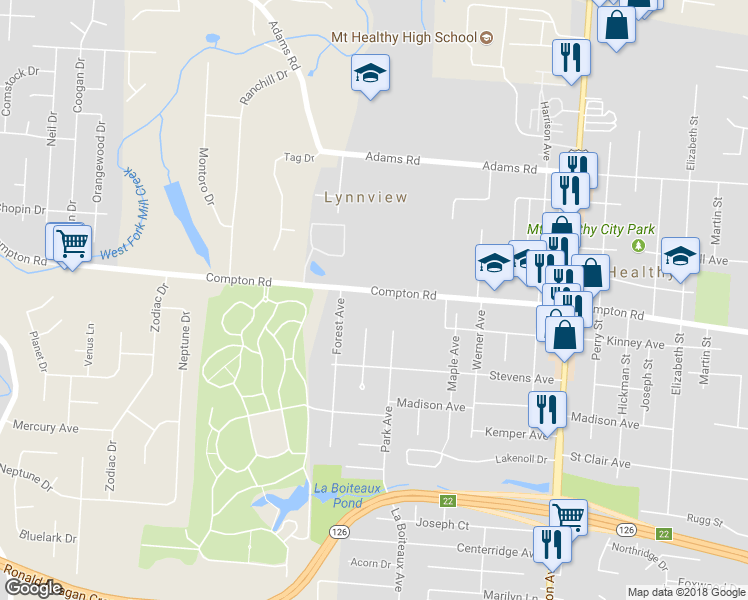 map of restaurants, bars, coffee shops, grocery stores, and more near 1971 Compton Road in Cincinnati