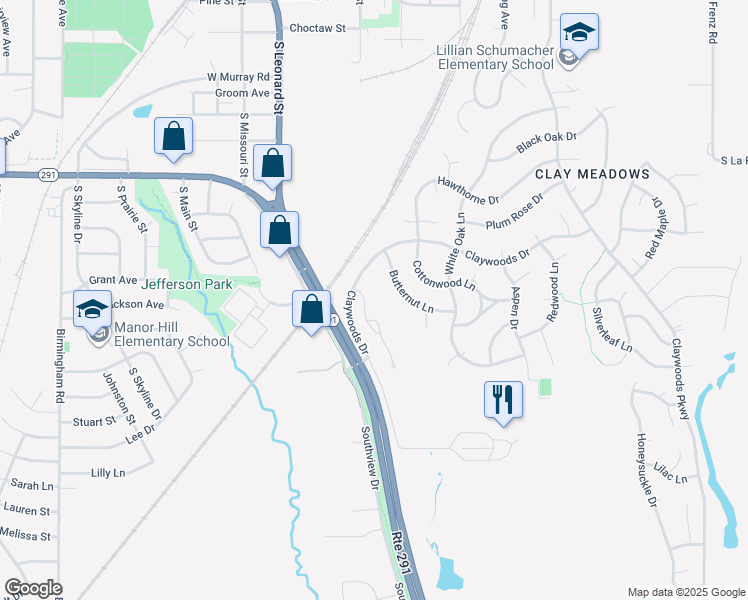 map of restaurants, bars, coffee shops, grocery stores, and more near 515 Claywoods Drive in Liberty