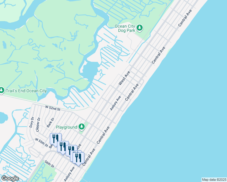 map of restaurants, bars, coffee shops, grocery stores, and more near 4911 West Avenue in Ocean City