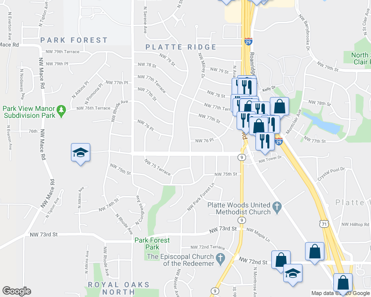 map of restaurants, bars, coffee shops, grocery stores, and more near 7604 Northwest Milrey Drive in Kansas City