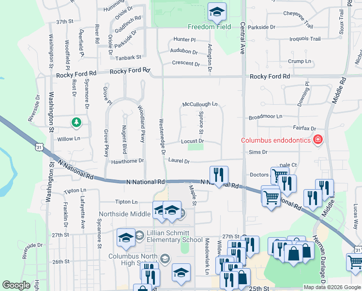 map of restaurants, bars, coffee shops, grocery stores, and more near 1405 Locust Drive in Columbus