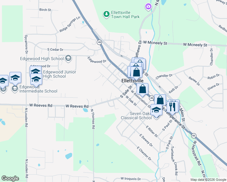 map of restaurants, bars, coffee shops, grocery stores, and more near 612 Pines Lane in Ellettsville