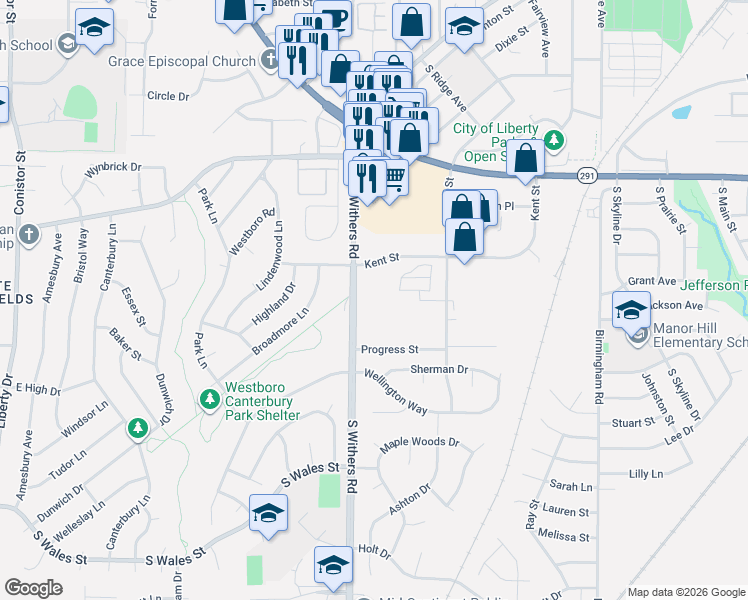 map of restaurants, bars, coffee shops, grocery stores, and more near 1051 Kent Street in Liberty