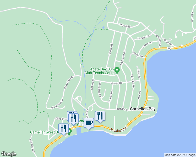map of restaurants, bars, coffee shops, grocery stores, and more near 678 Sunset Road in Carnelian Bay