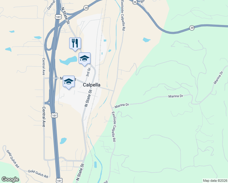 map of restaurants, bars, coffee shops, grocery stores, and more near 6199 Eastside Calpella Road in Ukiah