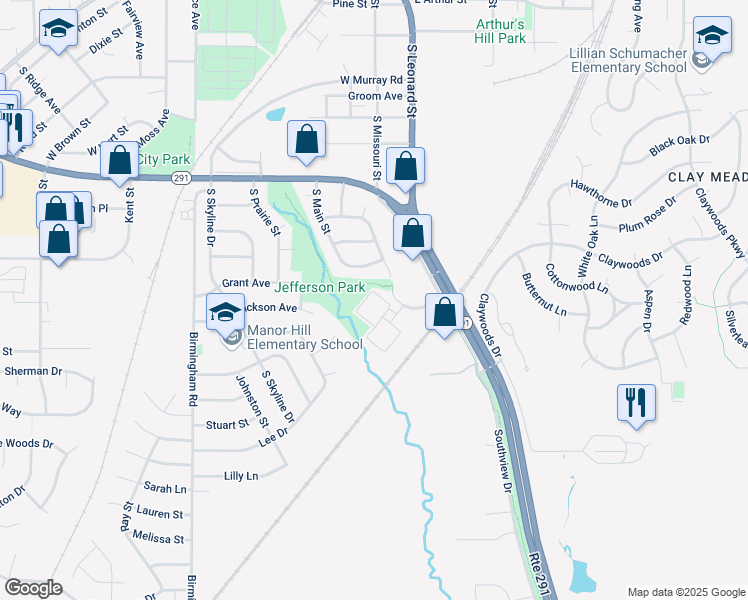 map of restaurants, bars, coffee shops, grocery stores, and more near 1210 Missouri Court in Liberty