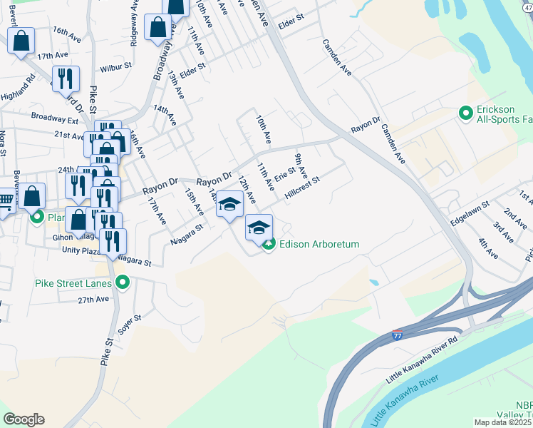 map of restaurants, bars, coffee shops, grocery stores, and more near 4429 12th Ave in Parkersburg