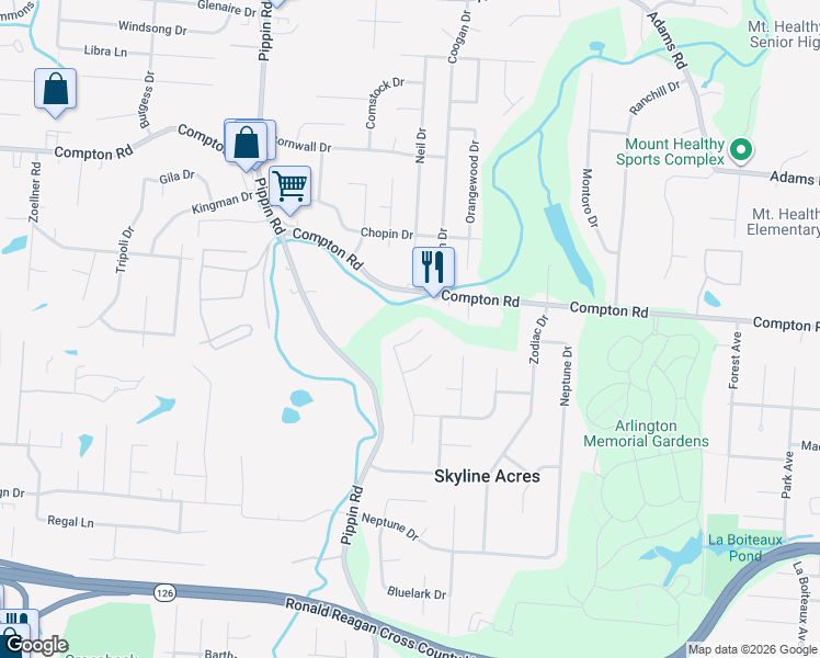 map of restaurants, bars, coffee shops, grocery stores, and more near 8857 Planet Drive in Cincinnati