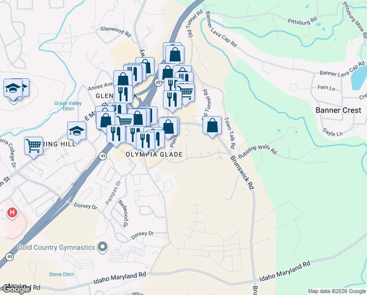 map of restaurants, bars, coffee shops, grocery stores, and more near 563 Brunswick Road in Grass Valley