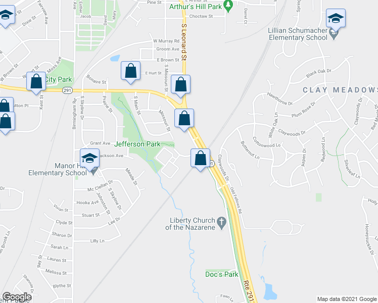 map of restaurants, bars, coffee shops, grocery stores, and more near 1240 Missouri Court in Liberty