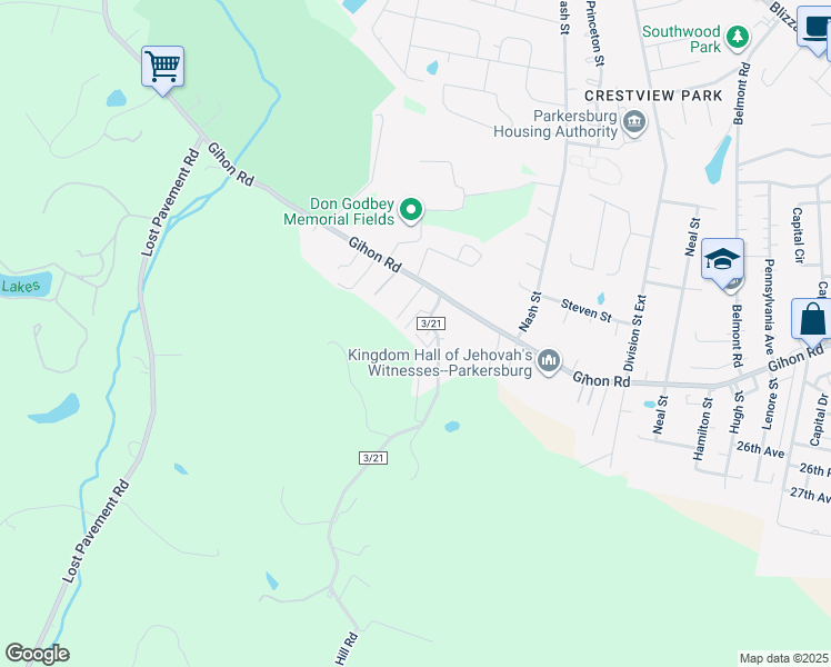 map of restaurants, bars, coffee shops, grocery stores, and more near 1 Mullins Drive in Parkersburg