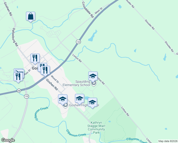 map of restaurants, bars, coffee shops, grocery stores, and more near 6777 Linton Road in Goshen