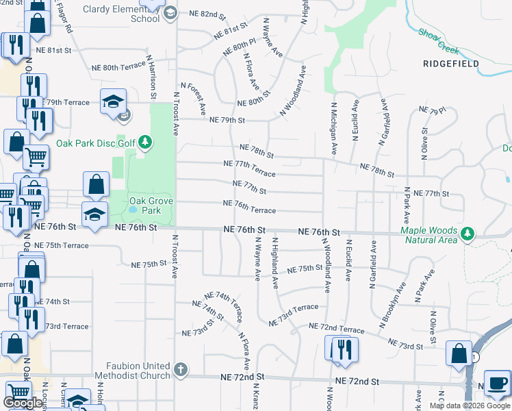 map of restaurants, bars, coffee shops, grocery stores, and more near 1500 Northeast 76th Terrace in Kansas City