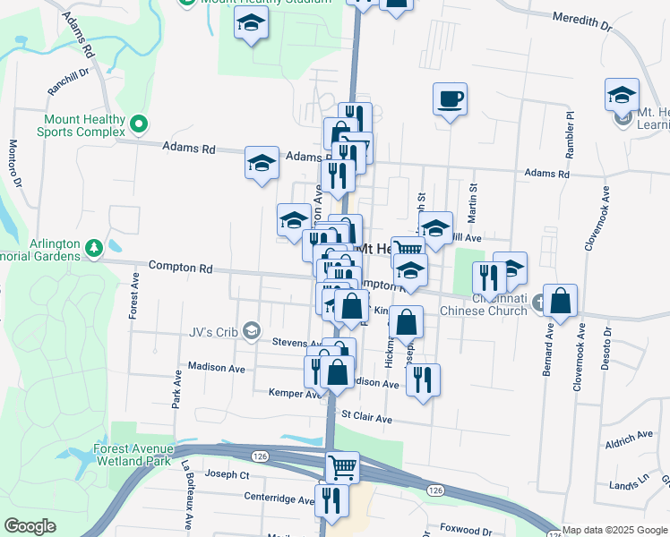 map of restaurants, bars, coffee shops, grocery stores, and more near 7516 Harrison Avenue in Mount Healthy