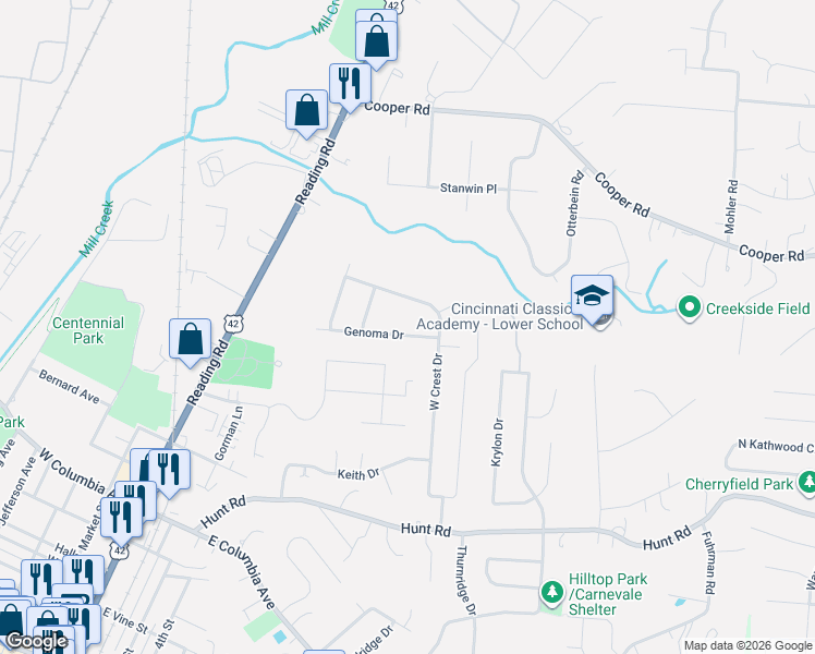 map of restaurants, bars, coffee shops, grocery stores, and more near 269 Genoma Drive in Cincinnati