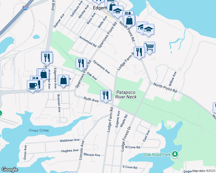 map of restaurants, bars, coffee shops, grocery stores, and more near 252 Oak Avenue in Sparrows Point