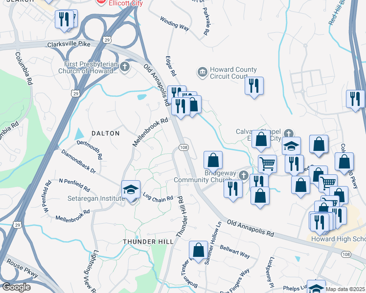 map of restaurants, bars, coffee shops, grocery stores, and more near 4000 Thunder Hill Road in Columbia