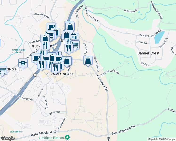 map of restaurants, bars, coffee shops, grocery stores, and more near 565 Brunswick Road in Grass Valley