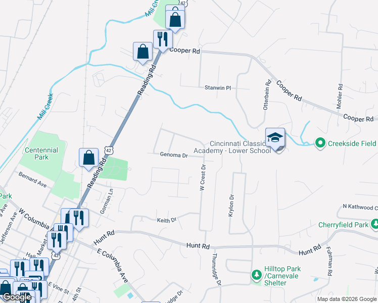 map of restaurants, bars, coffee shops, grocery stores, and more near 269 Genoma Drive in Cincinnati
