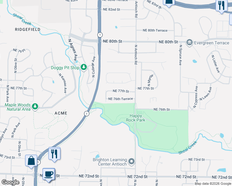map of restaurants, bars, coffee shops, grocery stores, and more near 3512 Northeast 76th Terrace in Kansas City