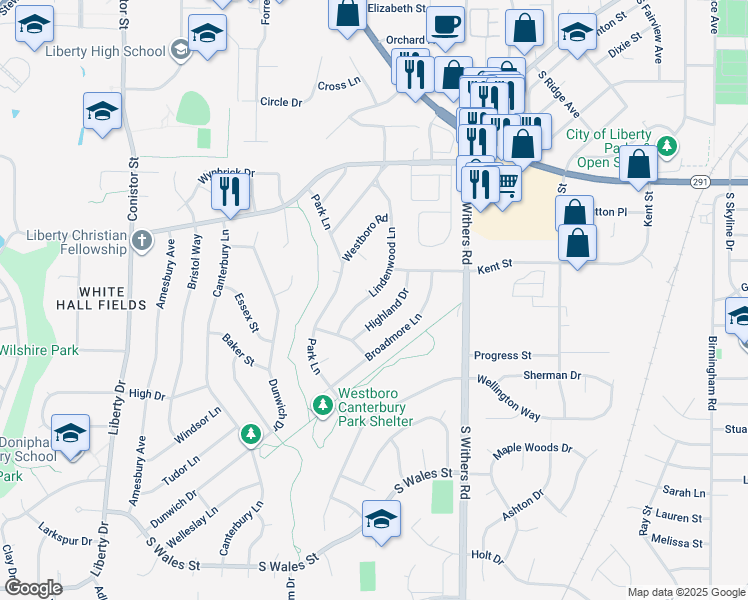 map of restaurants, bars, coffee shops, grocery stores, and more near 1021 Lindenwood Lane in Liberty