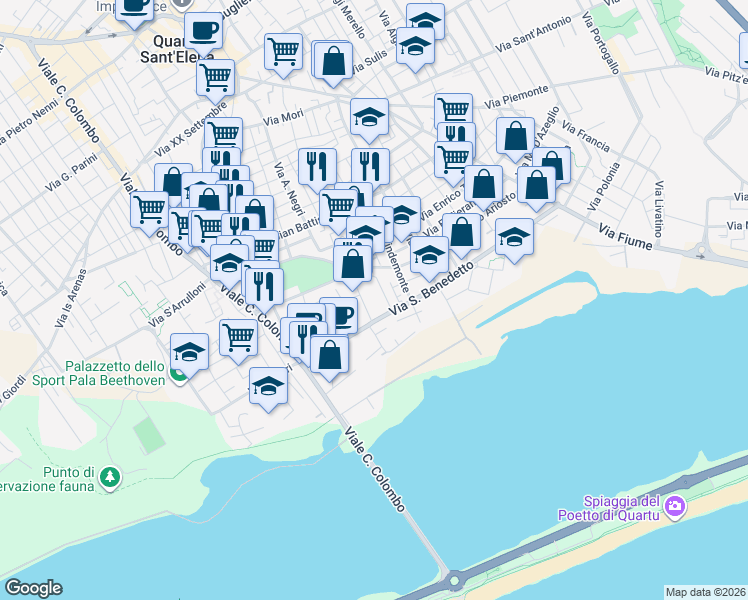 map of restaurants, bars, coffee shops, grocery stores, and more near 44 Via Praga in Quartu Sant'Elena
