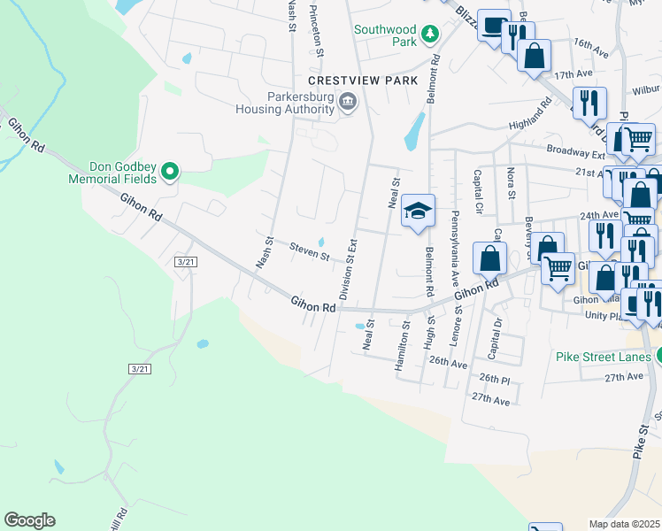 map of restaurants, bars, coffee shops, grocery stores, and more near 1906 Steven Street in Parkersburg