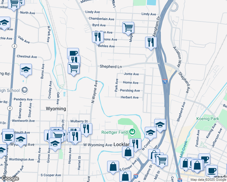 map of restaurants, bars, coffee shops, grocery stores, and more near 307 Park Avenue in Lockland