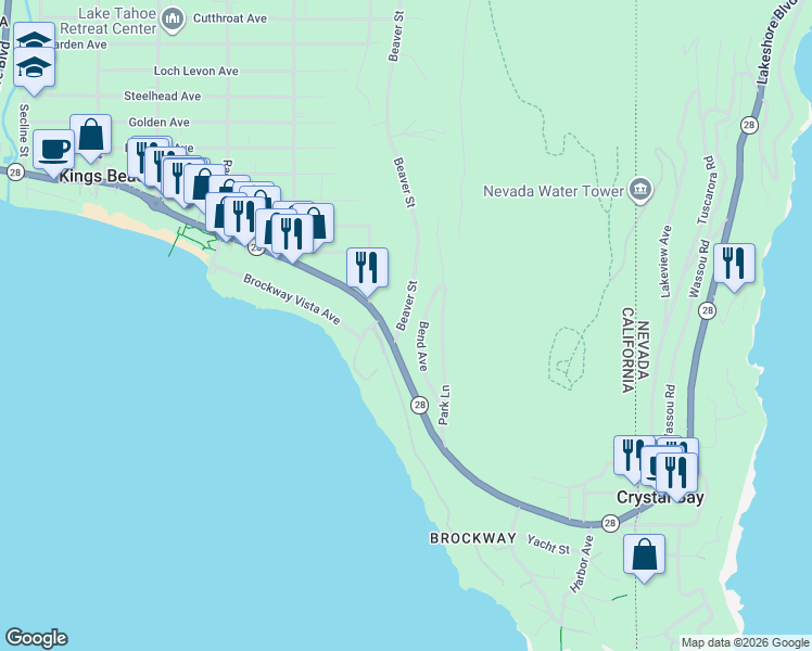 map of restaurants, bars, coffee shops, grocery stores, and more near 226 Beaver Street in Kings Beach