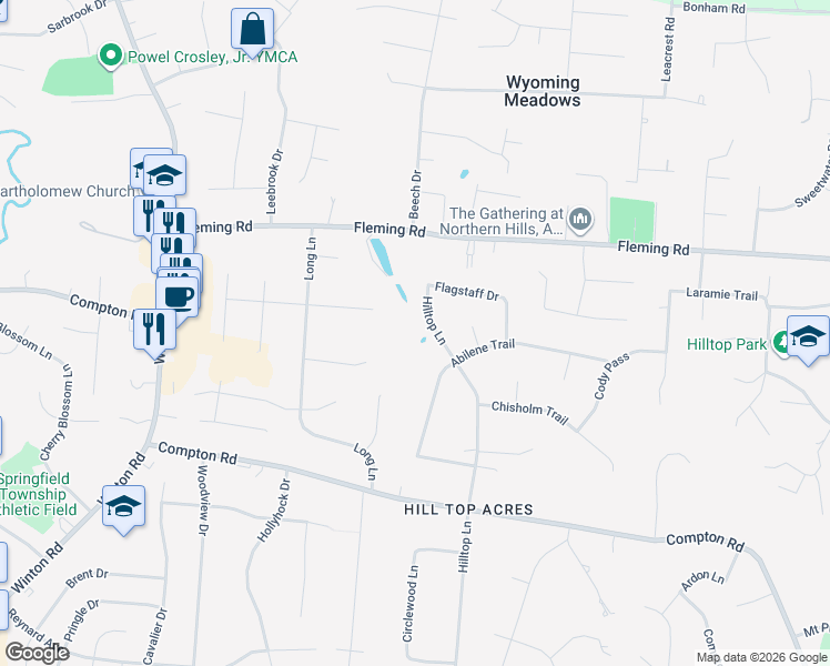 map of restaurants, bars, coffee shops, grocery stores, and more near 611 Hilltop Lane in Cincinnati