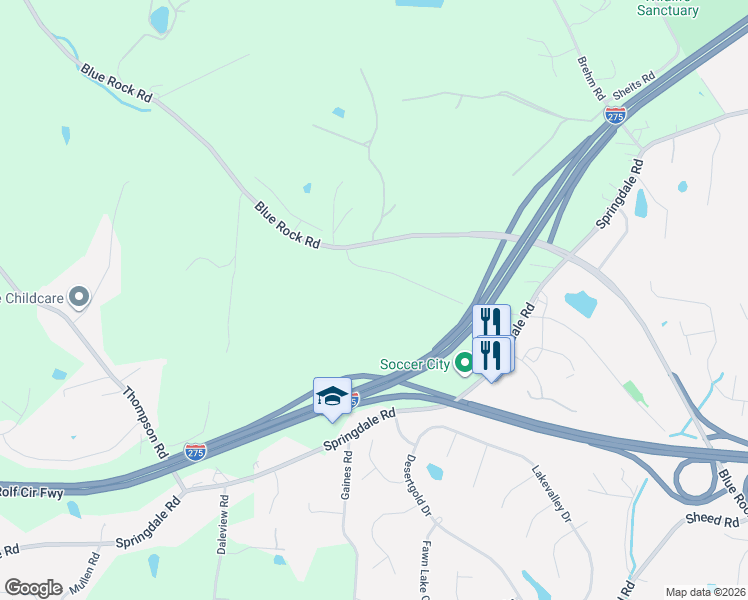 map of restaurants, bars, coffee shops, grocery stores, and more near 5841 Blue Rock Hill Road in Cincinnati