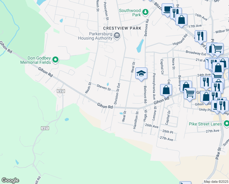 map of restaurants, bars, coffee shops, grocery stores, and more near 1906 Steven Street in Parkersburg
