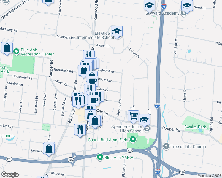map of restaurants, bars, coffee shops, grocery stores, and more near 4919 Laurel Avenue in Cincinnati
