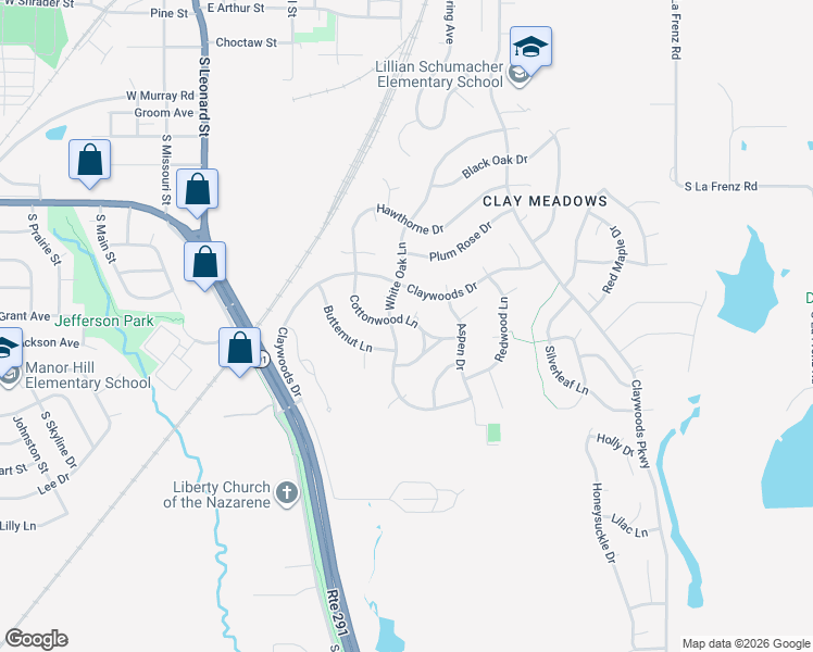 map of restaurants, bars, coffee shops, grocery stores, and more near 717 Cottonwood Lane in Liberty