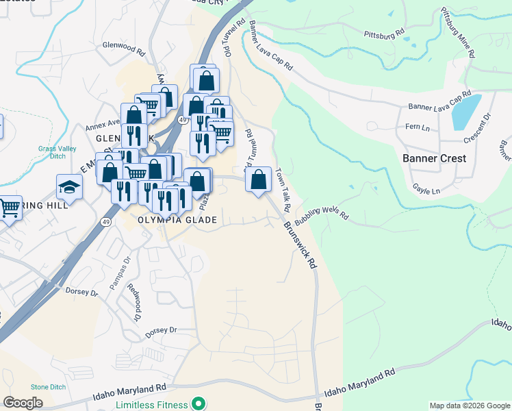 map of restaurants, bars, coffee shops, grocery stores, and more near 565 Brunswick Road in Grass Valley