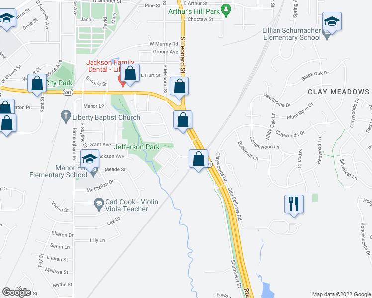 map of restaurants, bars, coffee shops, grocery stores, and more near 1110 Missouri Court in Liberty